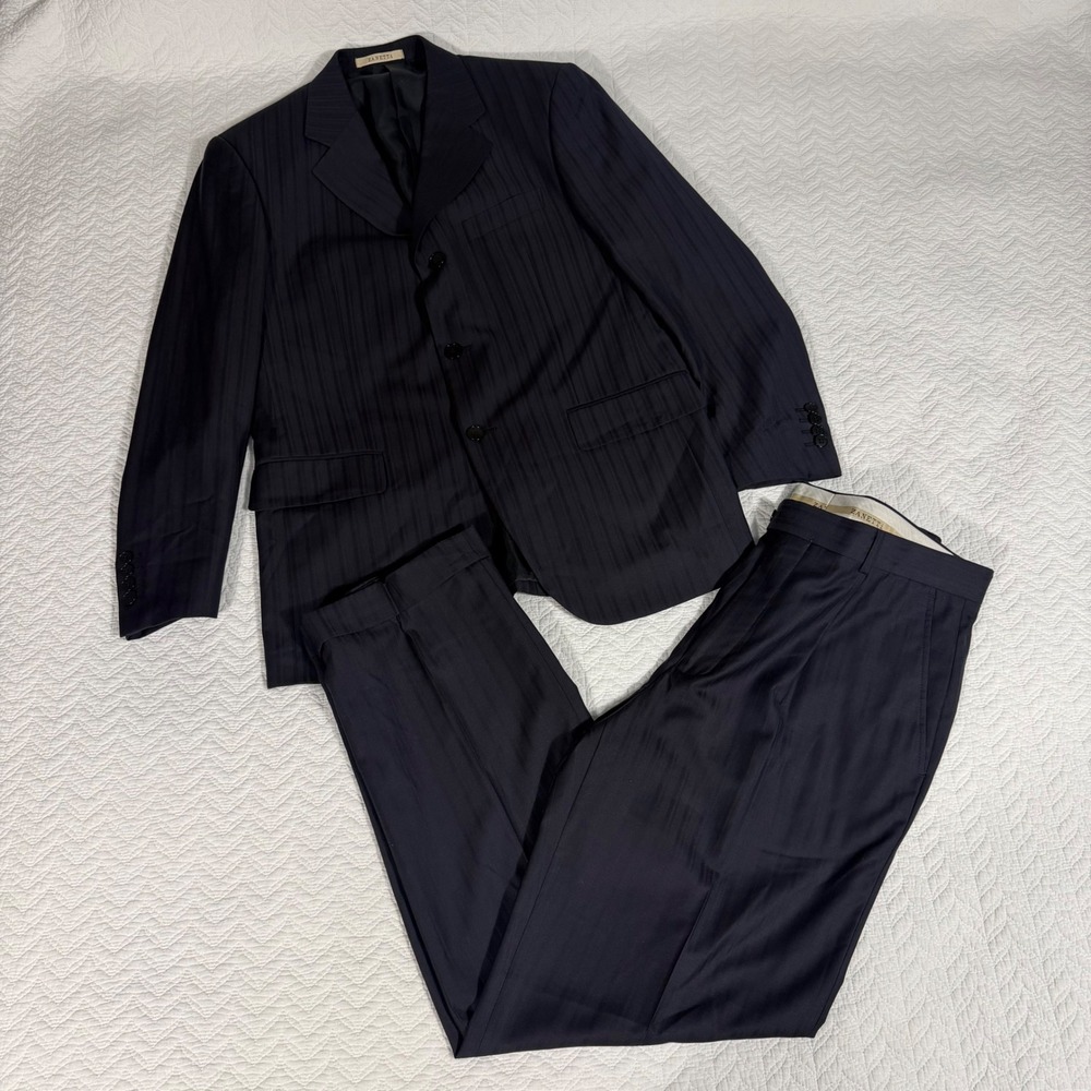 Zanetti Suit Mens 40R Navy Blue Pinstripe Super 120s Wool 3-Button 34x31 Italy‎